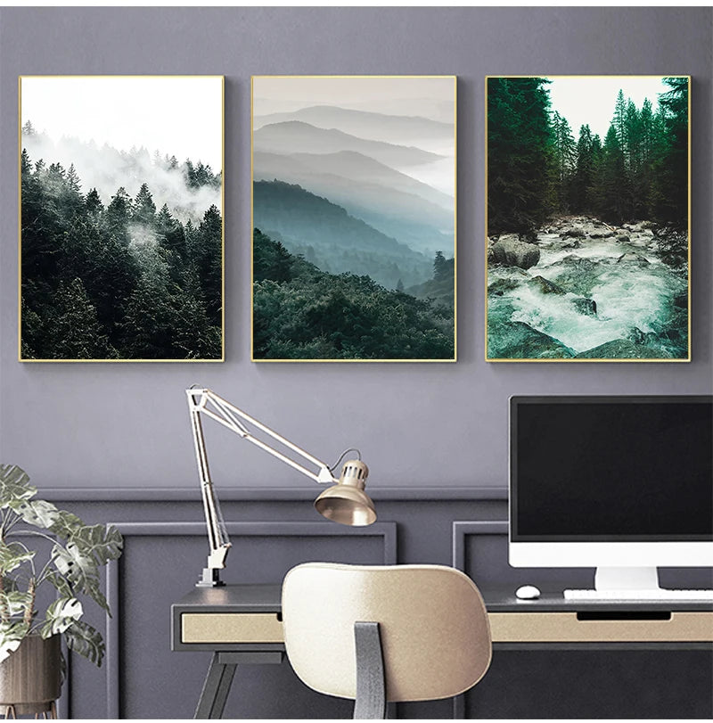 Mountain Wall Posters Fog Forest Canvas Painting Natural Landscape Poster Nordic Wall Pictures For Living Room Home Decoration
