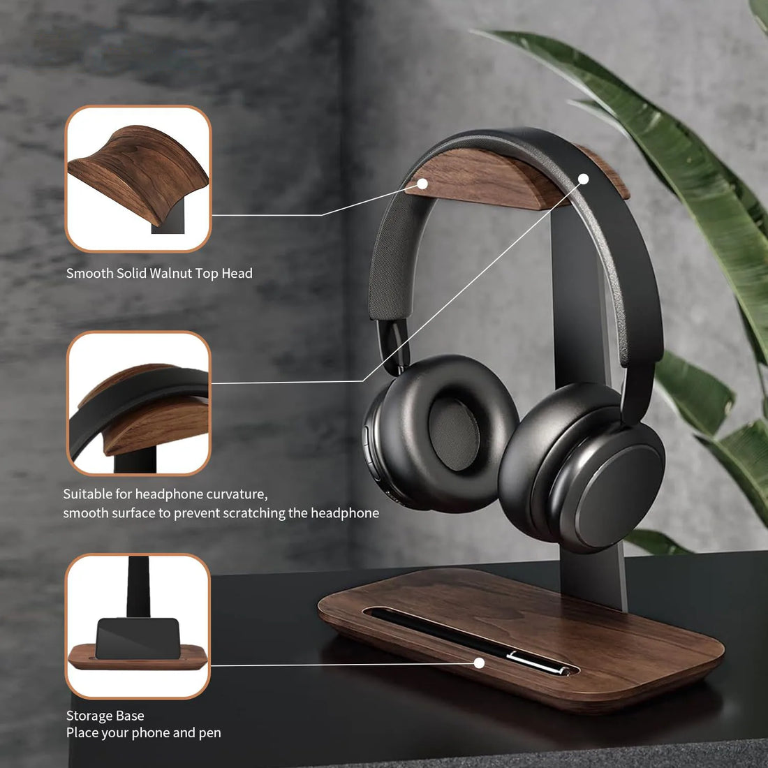 Wooden Universal Headphone Stand Aluminuim Alloy Headset Holder Aluminum Earphone Display with Pen slot