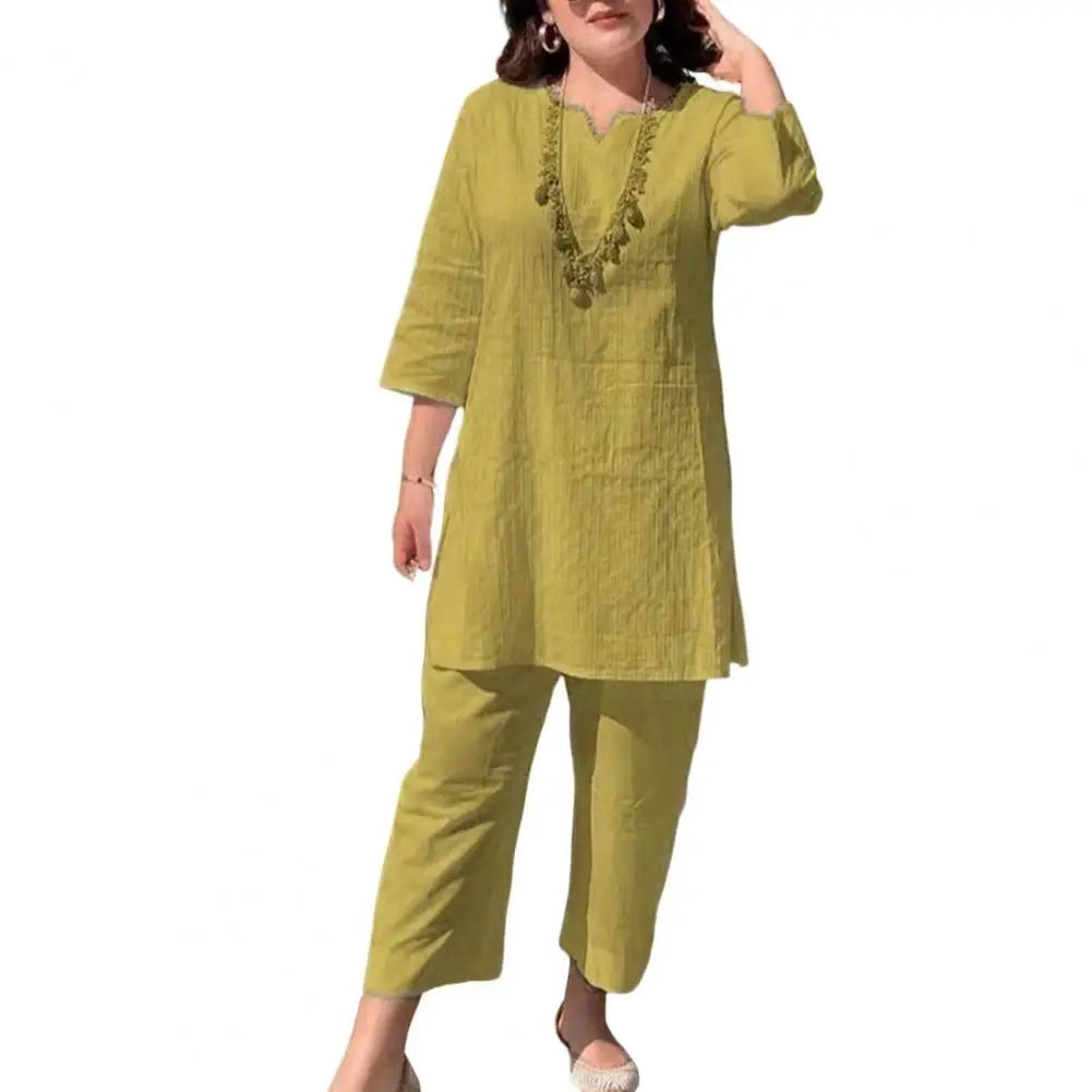 Ethnic Style Women Outfit V-Neck 3/4 Sleeves Solid Color Female Summer T-Shirt Long Pants Suit Casual Women Blouse Trousers Sets
