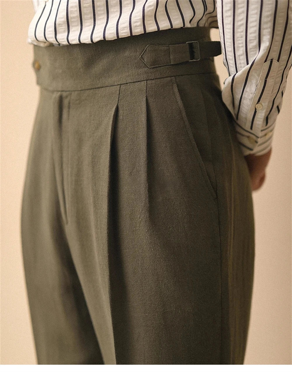 Linen Straight Pant For Men Summer Business Gentleman Naples Pant Paris Buckle Drape High Waisted Trousers Men Formal Pant