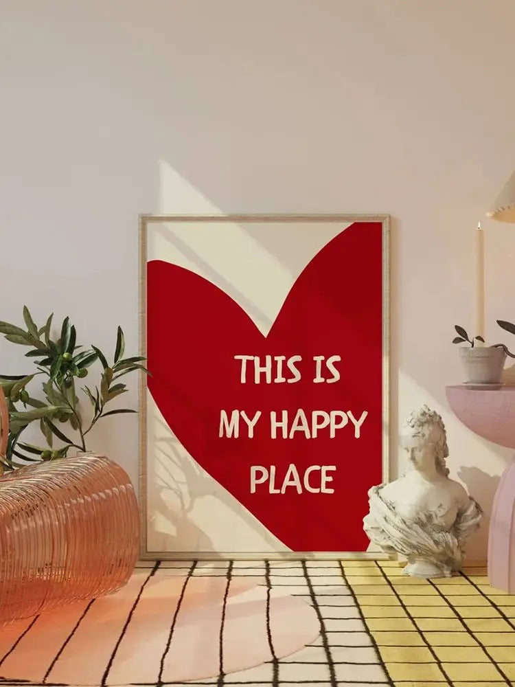 Lovely Trendy Red Heart Canvas Art Paintings Aesthetic This Is My Happy Place Wall Posters Prints for Living Room Home Decor
