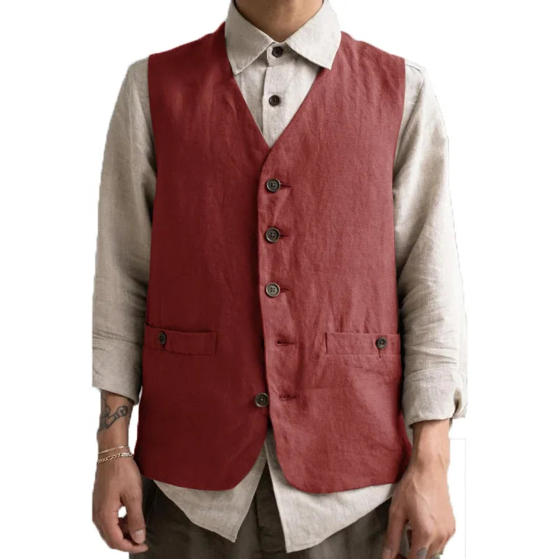 Formal Men's Vest Linen Retro Solid Cotton Business Cool Coat Slim V-neck Single Breasted Sleeveless Suitable for Leisure