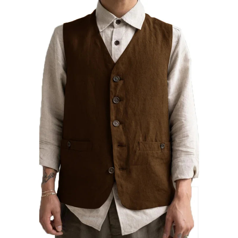 Formal Men's Vest Linen Retro Solid Cotton Business Cool Coat Slim V-neck Single Breasted Sleeveless Suitable for Leisure