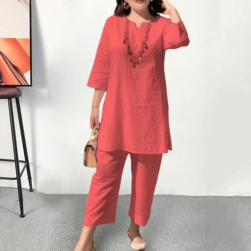 Ethnic Style Women Outfit V-Neck 3/4 Sleeves Solid Color Female Summer T-Shirt Long Pants Suit Casual Women Blouse Trousers Sets