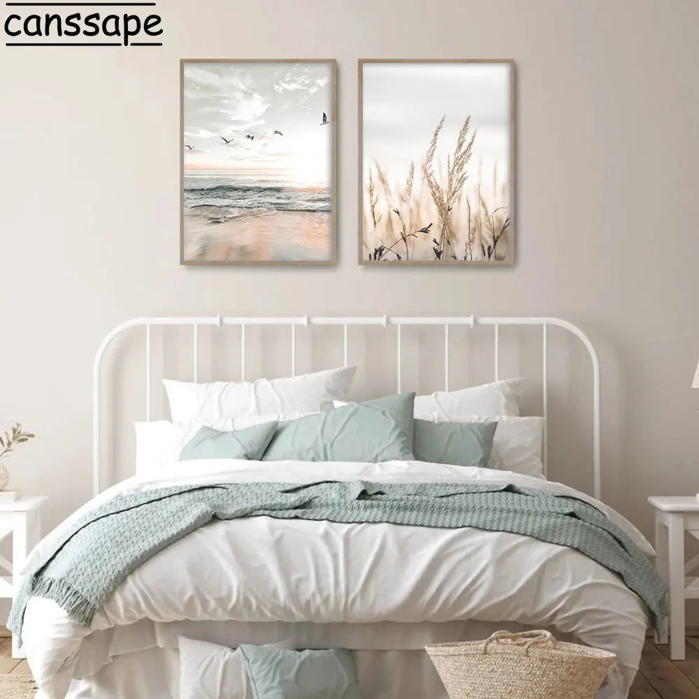 Beige Scenery Print Pictures Hay Reed Hand Sand Canvas Painting Sea Beach Seagull Wall Art Nordic Wall Posters Living Room Decor