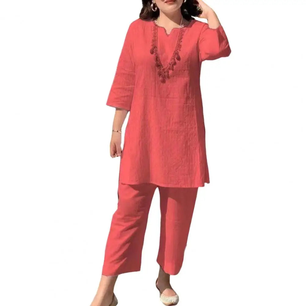 Ethnic Style Women Outfit V-Neck 3/4 Sleeves Solid Color Female Summer T-Shirt Long Pants Suit Casual Women Blouse Trousers Sets