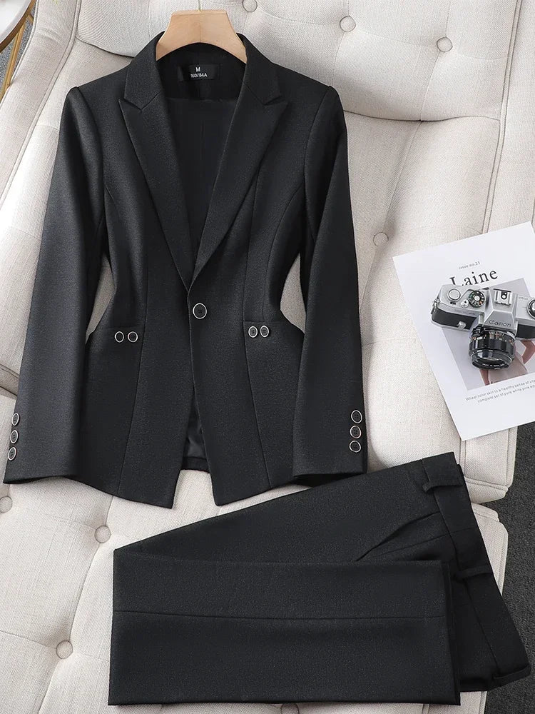 Formal Blazer and Pant Suit for Women Solid Jacket and Trouser Female Business Work Wear Green Purple Blue Black 2 Piece Set