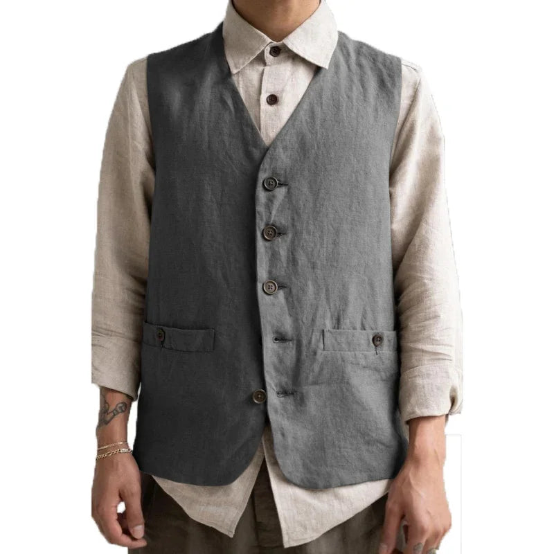 Formal Men's Vest Linen Retro Solid Cotton Business Cool Coat Slim V-neck Single Breasted Sleeveless Suitable for Leisure