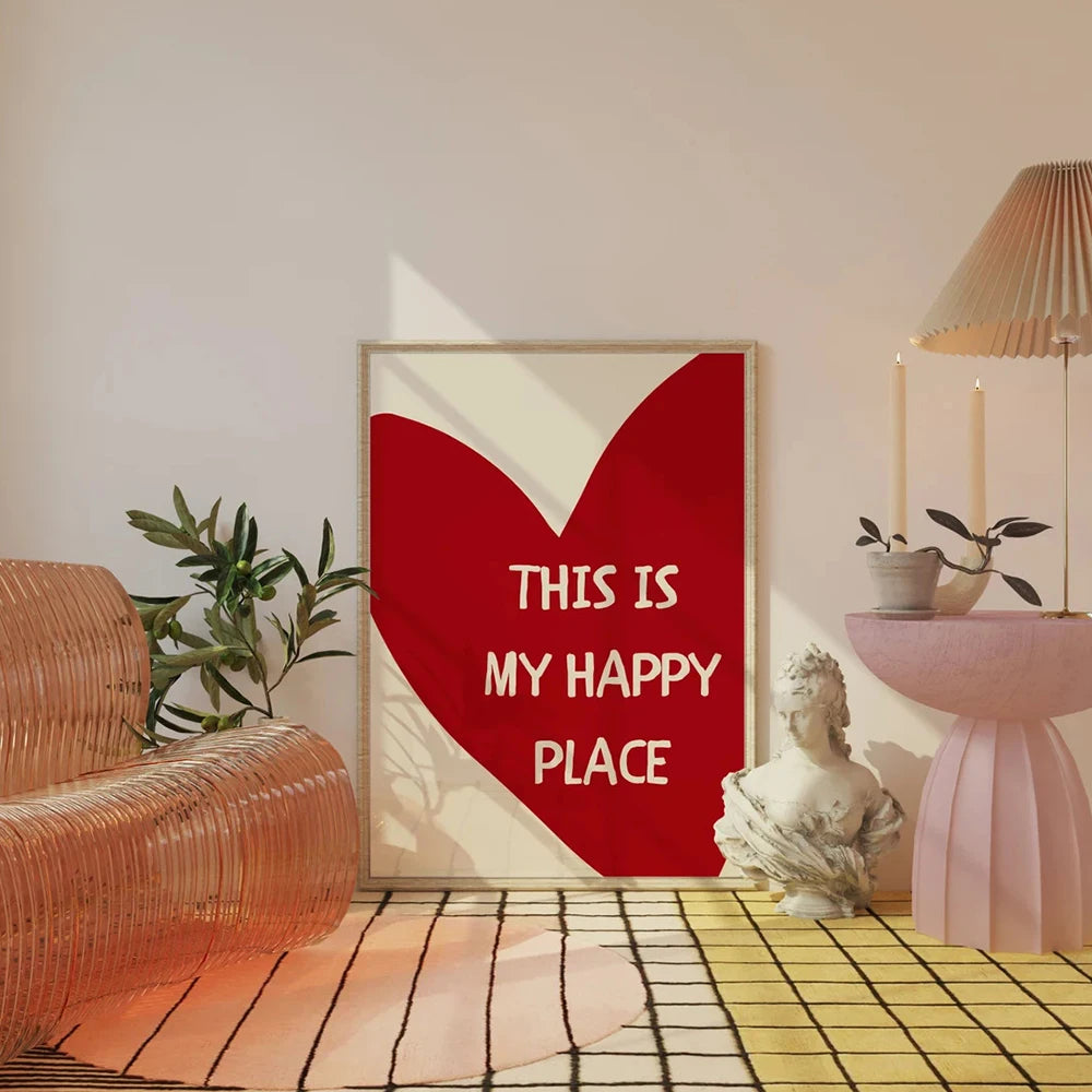 Lovely Trendy Red Heart Canvas Art Paintings Aesthetic This Is My Happy Place Wall Posters Prints for Living Room Home Decor