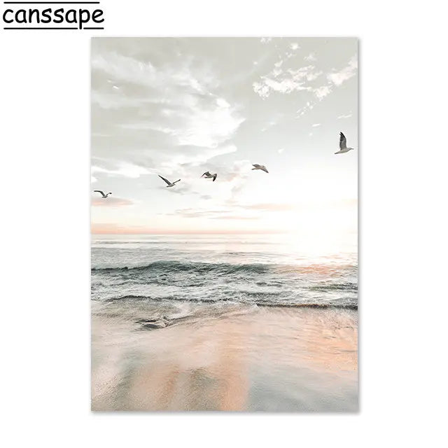 Beige Scenery Print Pictures Hay Reed Hand Sand Canvas Painting Sea Beach Seagull Wall Art Nordic Wall Posters Living Room Decor