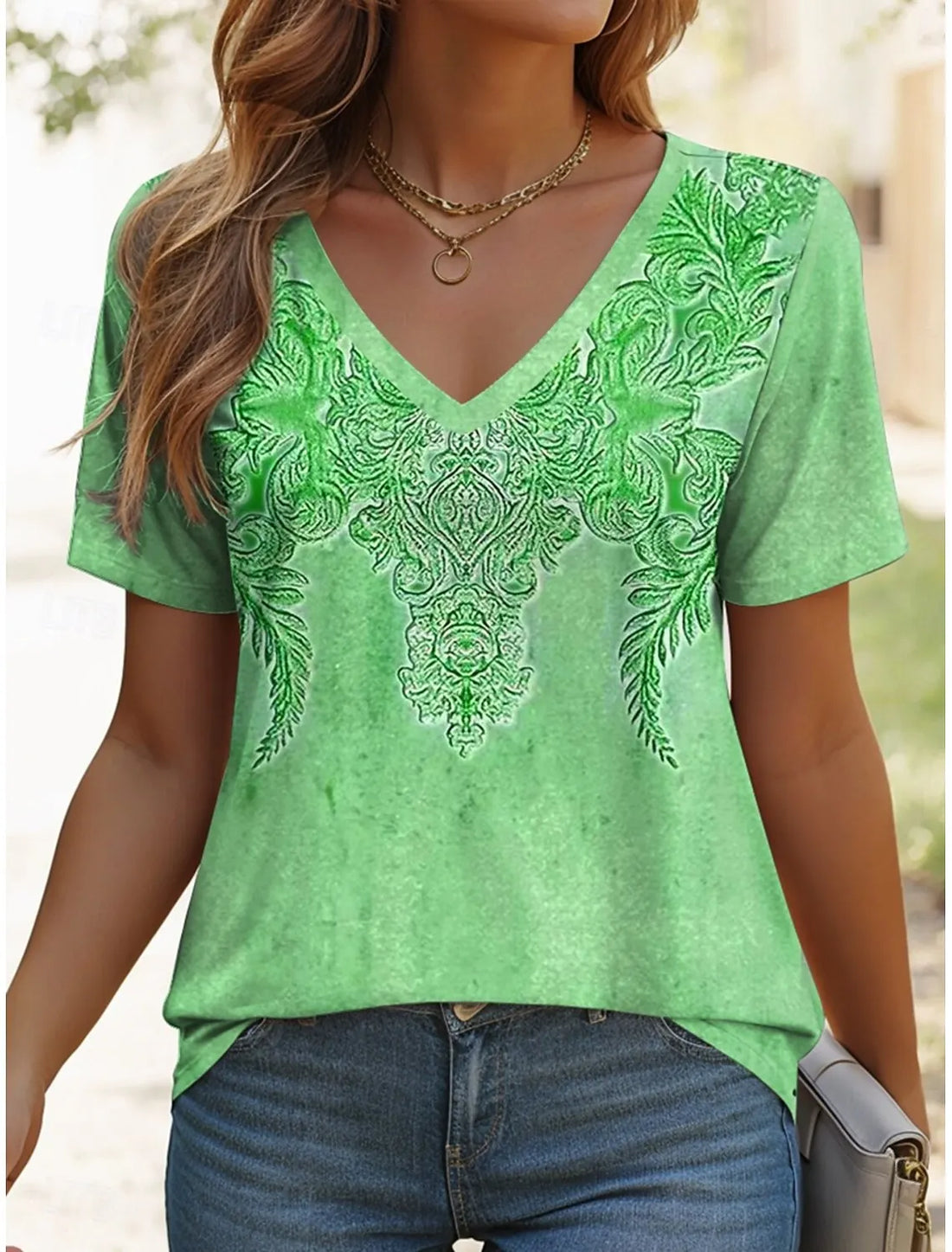 2025 Ethnic Women's T-Shirt Vintage Graphic Fashion Short Sleeved V-Neck Regular Tops Daily Print Tee Summer Spring Casual Tops