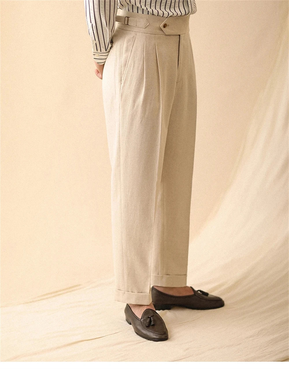 Linen Straight Pant For Men Summer Business Gentleman Naples Pant Paris Buckle Drape High Waisted Trousers Men Formal Pant