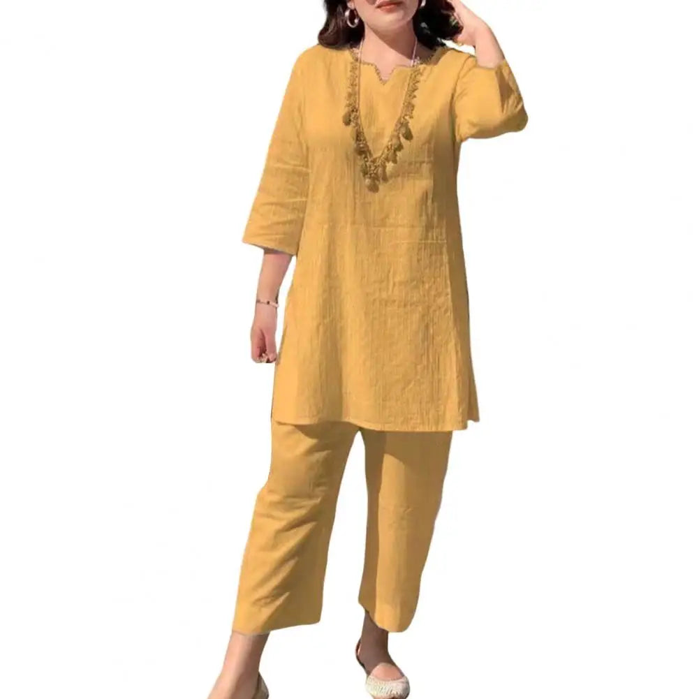 Ethnic Style Women Outfit V-Neck 3/4 Sleeves Solid Color Female Summer T-Shirt Long Pants Suit Casual Women Blouse Trousers Sets