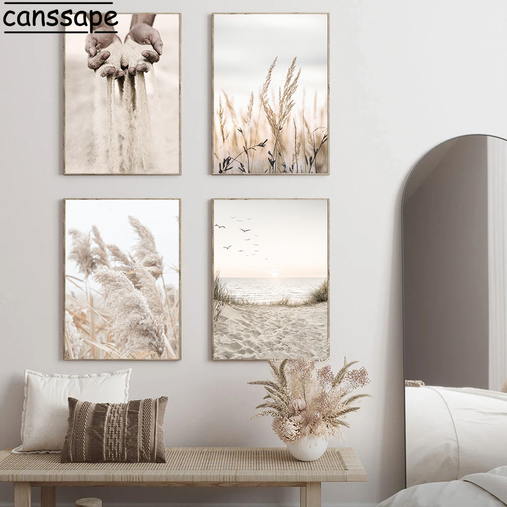 Beige Scenery Print Pictures Hay Reed Hand Sand Canvas Painting Sea Beach Seagull Wall Art Nordic Wall Posters Living Room Decor