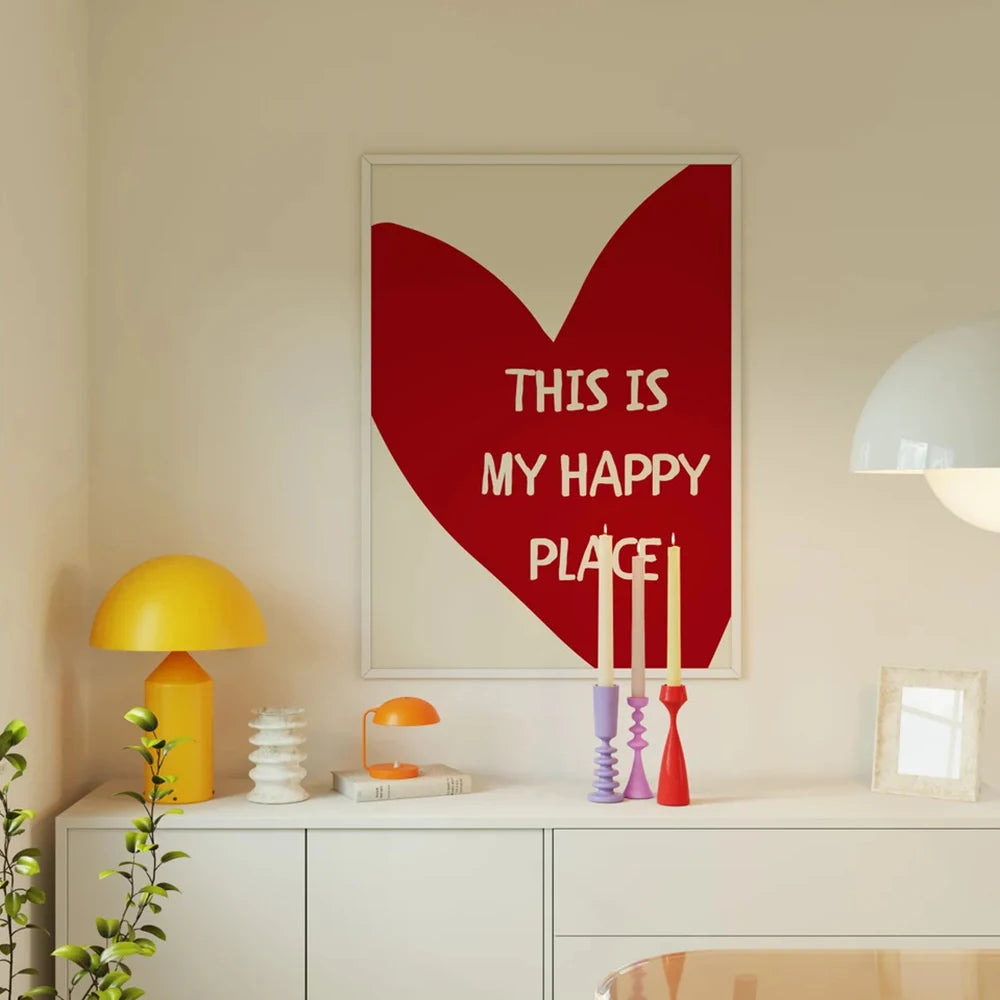 Lovely Trendy Red Heart Canvas Art Paintings Aesthetic This Is My Happy Place Wall Posters Prints for Living Room Home Decor