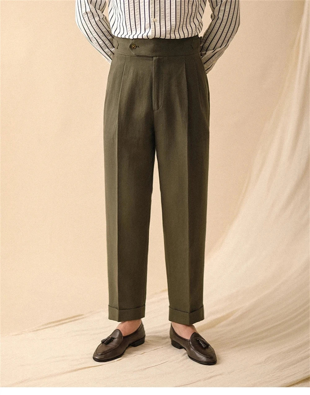 Linen Straight Pant For Men Summer Business Gentleman Naples Pant Paris Buckle Drape High Waisted Trousers Men Formal Pant