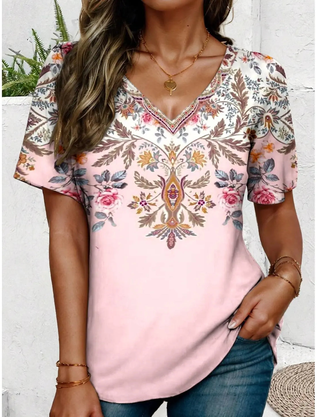 2025 Ethnic Women's T-Shirt Vintage Graphic Fashion Short Sleeved V-Neck Regular Tops Daily Print Tee Summer Spring Casual Tops