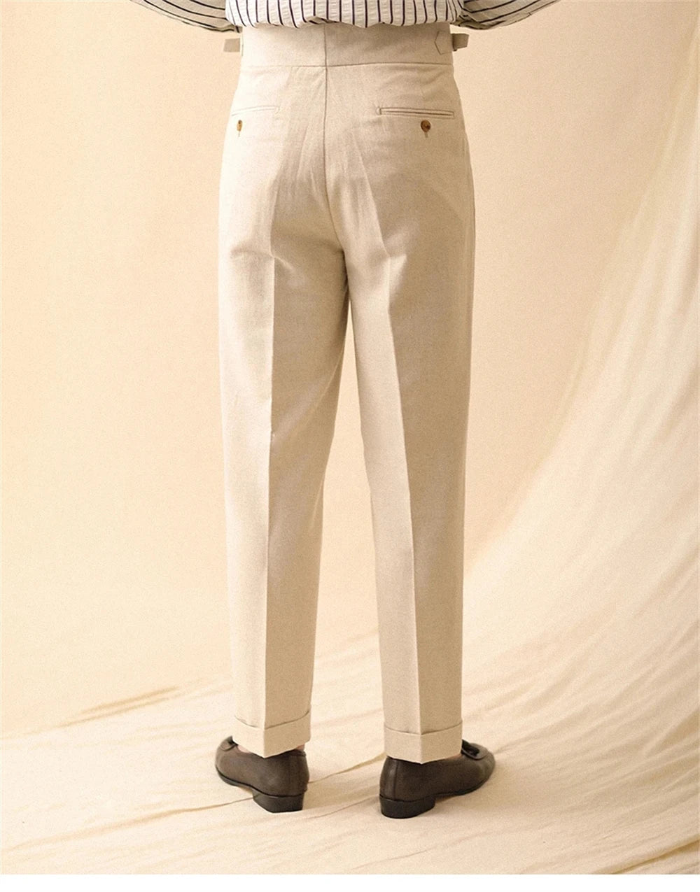 Linen Straight Pant For Men Summer Business Gentleman Naples Pant Paris Buckle Drape High Waisted Trousers Men Formal Pant