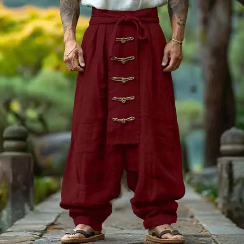 Ethnic Vestidos Casual Cotton And Linen Wide Leg Pants Men's Solid Color Comfortable And Trendy Pleated Pants Men's  Streetwear