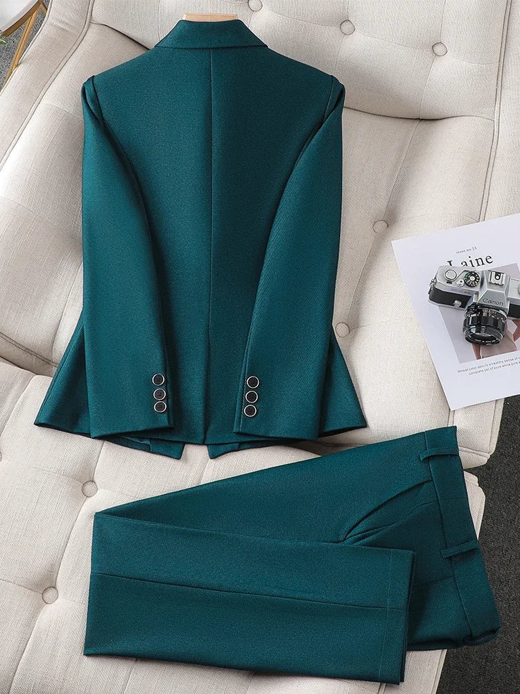 Formal Blazer and Pant Suit for Women Solid Jacket and Trouser Female Business Work Wear Green Purple Blue Black 2 Piece Set