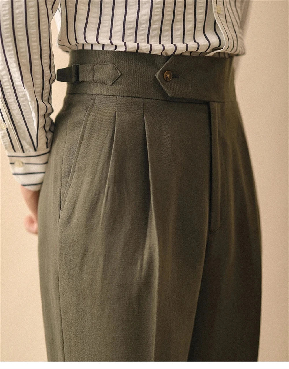 Linen Straight Pant For Men Summer Business Gentleman Naples Pant Paris Buckle Drape High Waisted Trousers Men Formal Pant