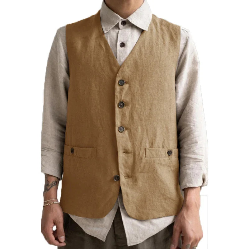 Formal Men's Vest Linen Retro Solid Cotton Business Cool Coat Slim V-neck Single Breasted Sleeveless Suitable for Leisure