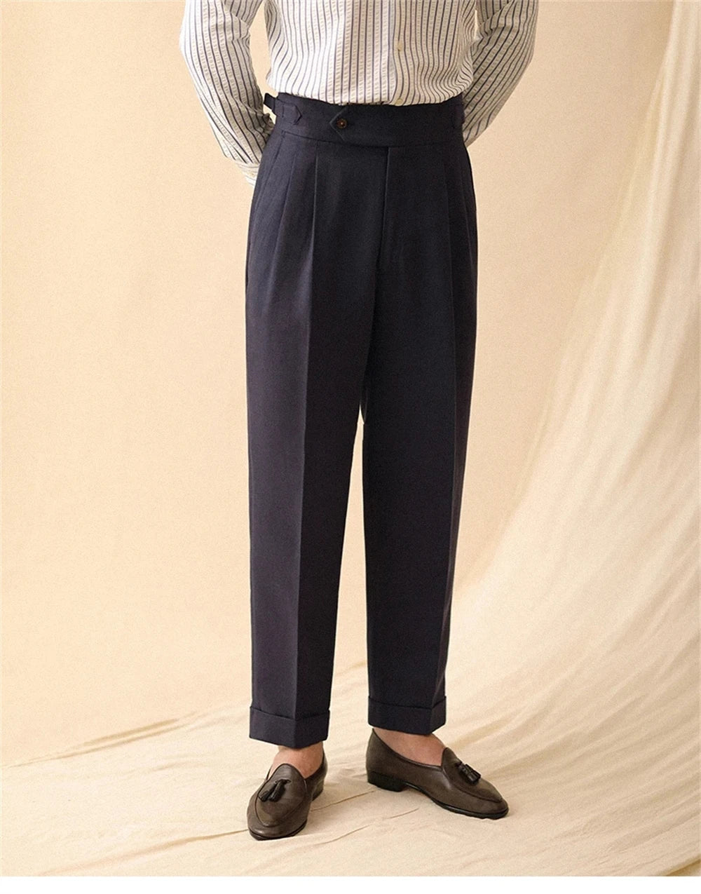 Linen Straight Pant For Men Summer Business Gentleman Naples Pant Paris Buckle Drape High Waisted Trousers Men Formal Pant