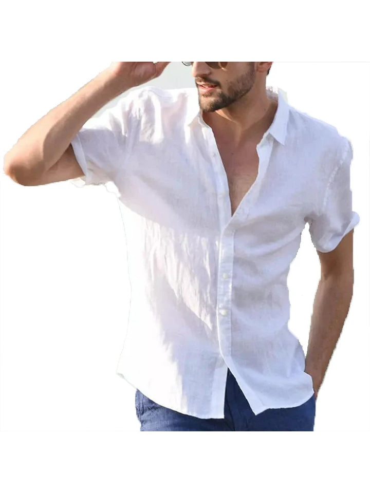 Men's Casual Short Sleeve Shirt Street Wear Lapel Button Solid Color Cotton Linen Shirt for Men Vintage Vacation Blouse M-3XL