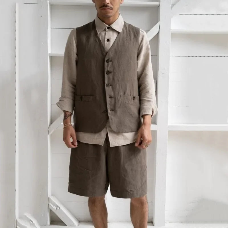 Formal Men's Vest Linen Retro Solid Cotton Business Cool Coat Slim V-neck Single Breasted Sleeveless Suitable for Leisure
