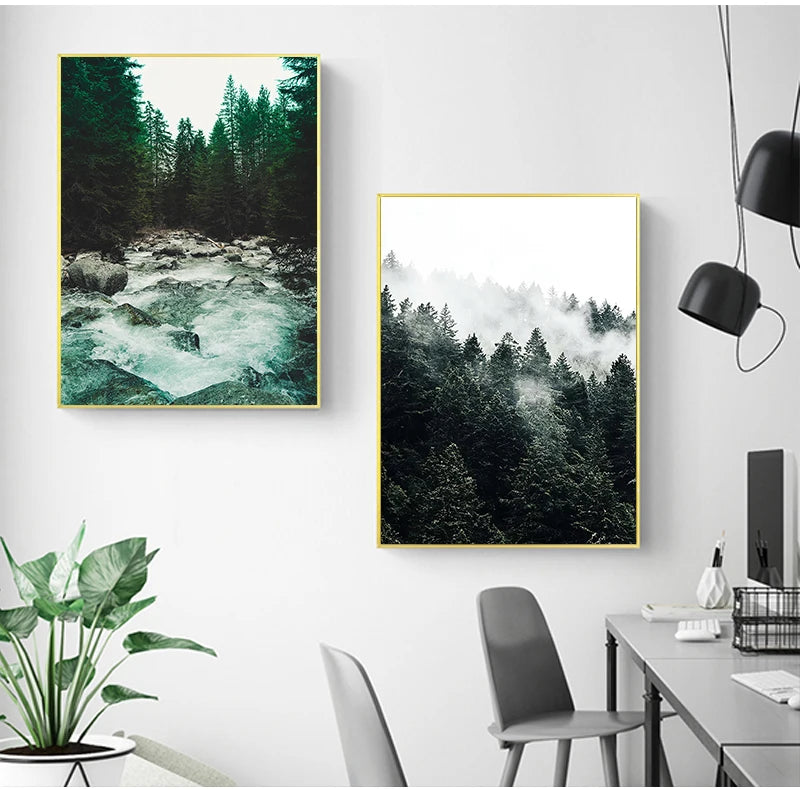 Mountain Wall Posters Fog Forest Canvas Painting Natural Landscape Poster Nordic Wall Pictures For Living Room Home Decoration