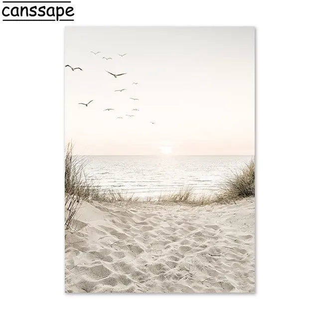 Beige Scenery Print Pictures Hay Reed Hand Sand Canvas Painting Sea Beach Seagull Wall Art Nordic Wall Posters Living Room Decor