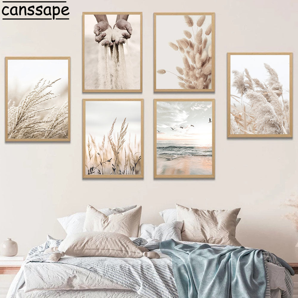 Beige Scenery Print Pictures Hay Reed Hand Sand Canvas Painting Sea Beach Seagull Wall Art Nordic Wall Posters Living Room Decor