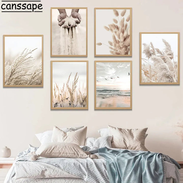 Beige Scenery Print Pictures Hay Reed Hand Sand Canvas Painting Sea Beach Seagull Wall Art Nordic Wall Posters Living Room Decor