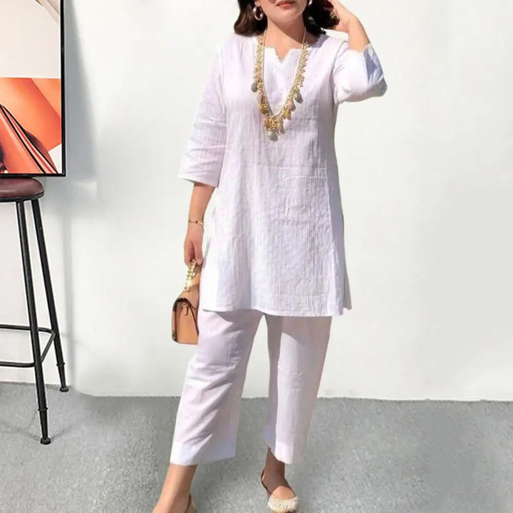 Ethnic Style Women Outfit V-Neck 3/4 Sleeves Solid Color Female Summer T-Shirt Long Pants Suit Casual Women Blouse Trousers Sets