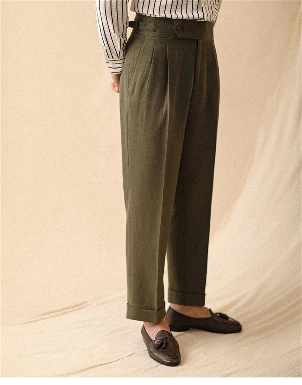 Linen Straight Pant For Men Summer Business Gentleman Naples Pant Paris Buckle Drape High Waisted Trousers Men Formal Pant