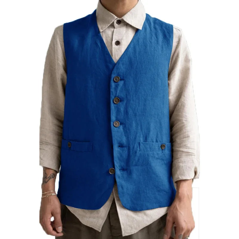 Formal Men's Vest Linen Retro Solid Cotton Business Cool Coat Slim V-neck Single Breasted Sleeveless Suitable for Leisure