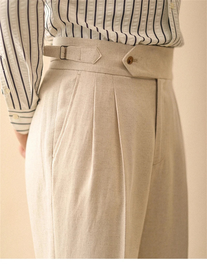 Linen Straight Pant For Men Summer Business Gentleman Naples Pant Paris Buckle Drape High Waisted Trousers Men Formal Pant