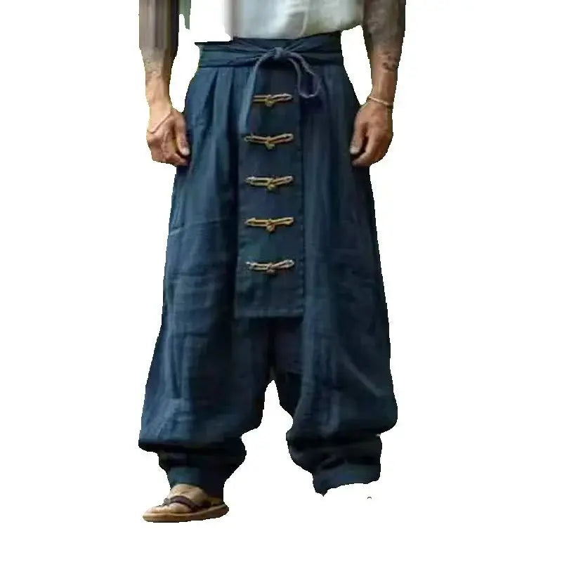 Ethnic Vestidos Casual Cotton And Linen Wide Leg Pants Men's Solid Color Comfortable And Trendy Pleated Pants Men's  Streetwear