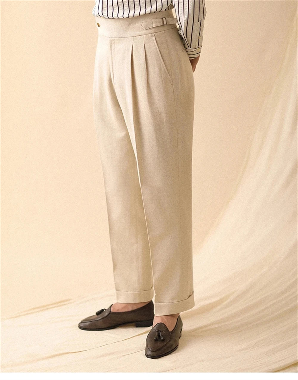 Linen Straight Pant For Men Summer Business Gentleman Naples Pant Paris Buckle Drape High Waisted Trousers Men Formal Pant