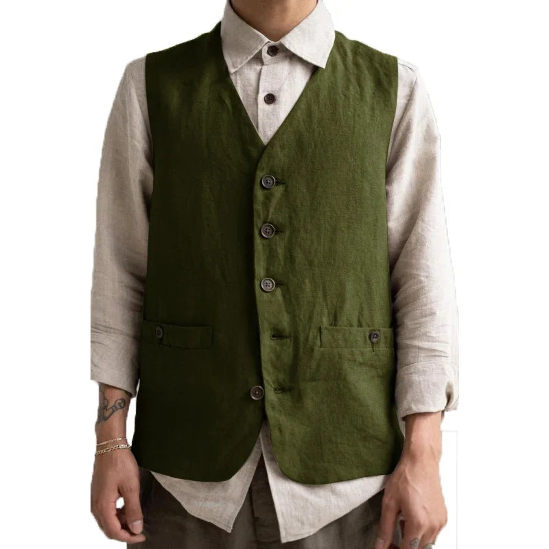 Formal Men's Vest Linen Retro Solid Cotton Business Cool Coat Slim V-neck Single Breasted Sleeveless Suitable for Leisure