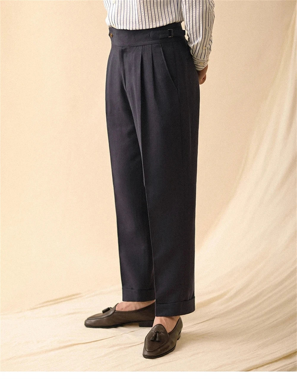 Linen Straight Pant For Men Summer Business Gentleman Naples Pant Paris Buckle Drape High Waisted Trousers Men Formal Pant