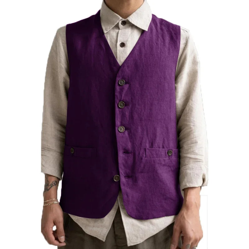 Formal Men's Vest Linen Retro Solid Cotton Business Cool Coat Slim V-neck Single Breasted Sleeveless Suitable for Leisure