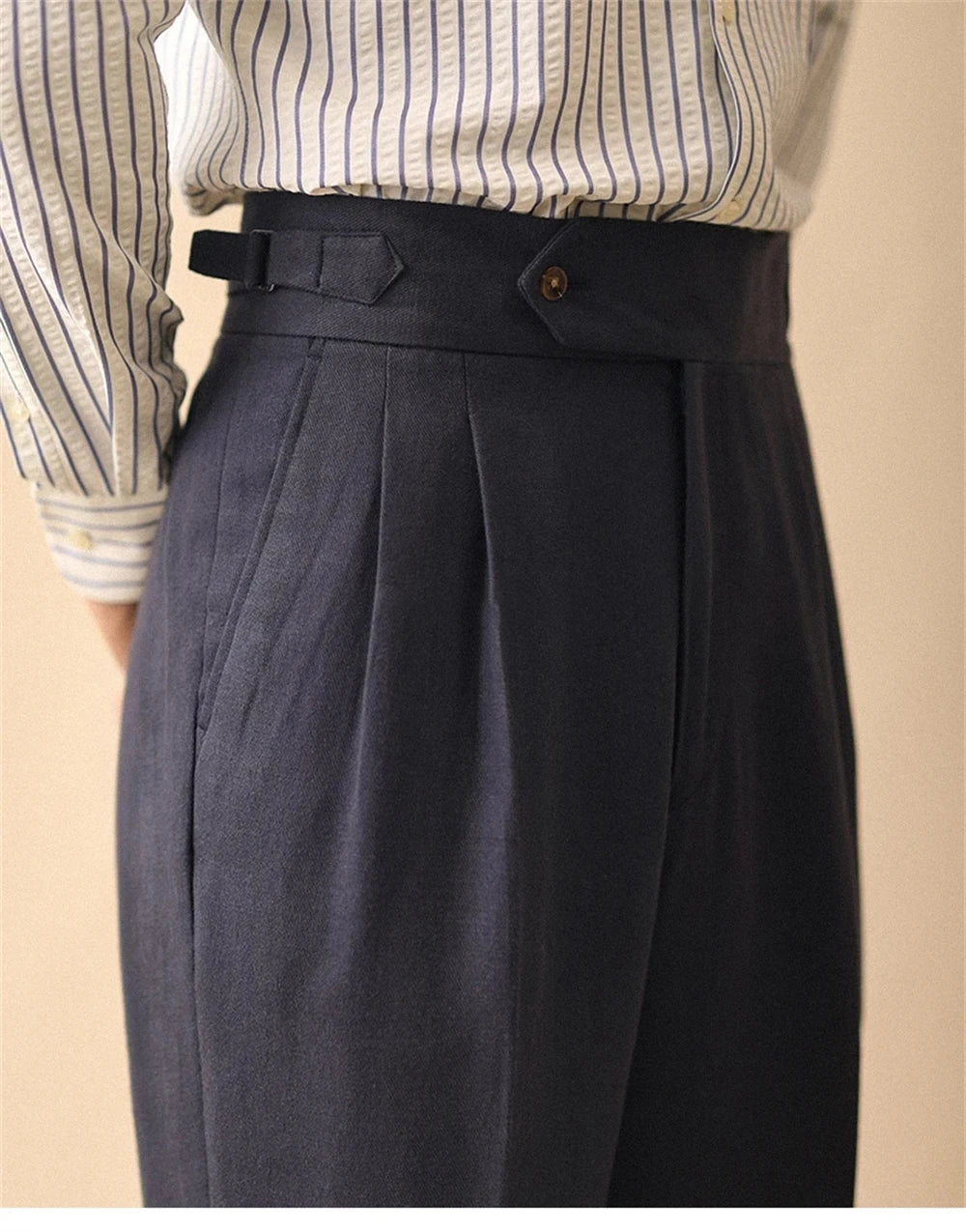 Linen Straight Pant For Men Summer Business Gentleman Naples Pant Paris Buckle Drape High Waisted Trousers Men Formal Pant
