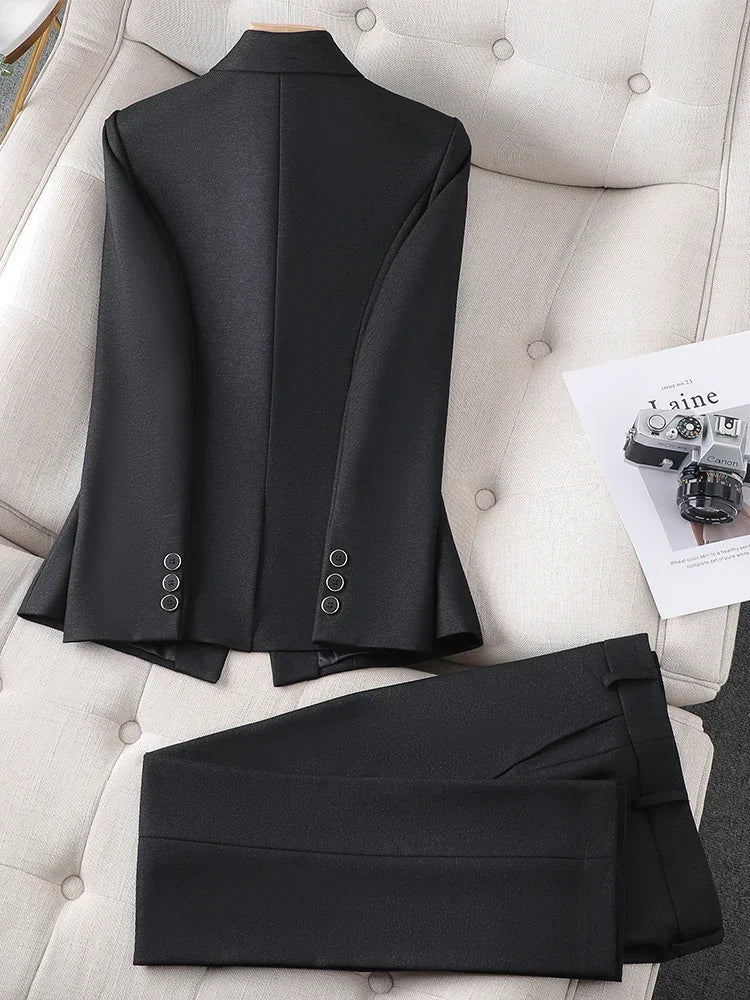 Formal Blazer and Pant Suit for Women Solid Jacket and Trouser Female Business Work Wear Green Purple Blue Black 2 Piece Set