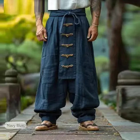 Ethnic Vestidos Casual Cotton And Linen Wide Leg Pants Men's Solid Color Comfortable And Trendy Pleated Pants Men's  Streetwear