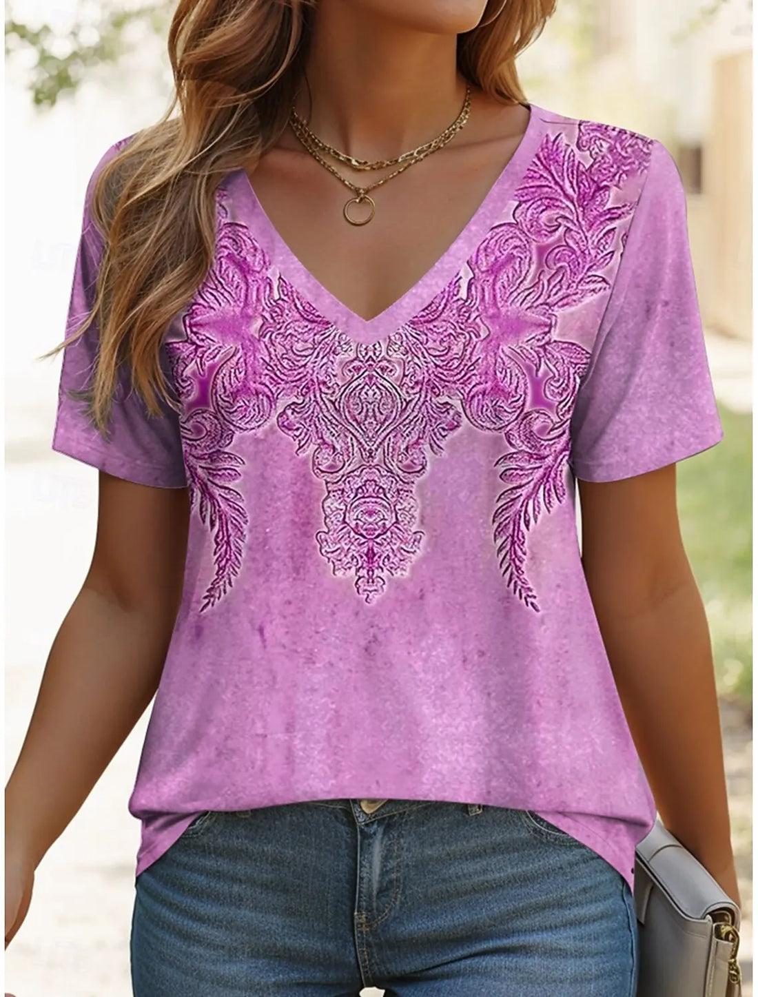 2025 Ethnic Women's T-Shirt Vintage Graphic Fashion Short Sleeved V-Neck Regular Tops Daily Print Tee Summer Spring Casual Tops