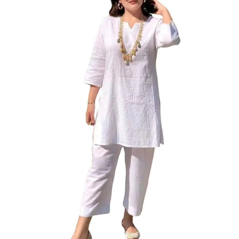 Ethnic Style Women Outfit V-Neck 3/4 Sleeves Solid Color Female Summer T-Shirt Long Pants Suit Casual Women Blouse Trousers Sets