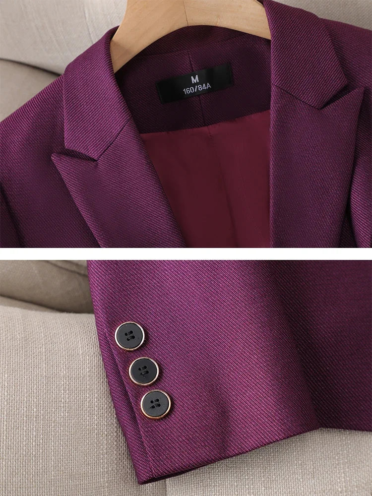 Formal Blazer and Pant Suit for Women Solid Jacket and Trouser Female Business Work Wear Green Purple Blue Black 2 Piece Set