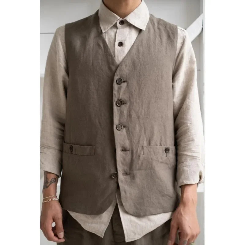 Formal Men's Vest Linen Retro Solid Cotton Business Cool Coat Slim V-neck Single Breasted Sleeveless Suitable for Leisure