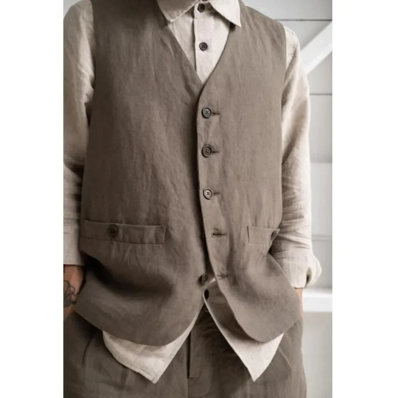 Formal Men's Vest Linen Retro Solid Cotton Business Cool Coat Slim V-neck Single Breasted Sleeveless Suitable for Leisure